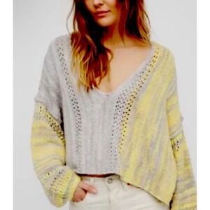 Free People Amethyst Marled Oversized Chunky Knit Sweater Size S Yellow/Gray